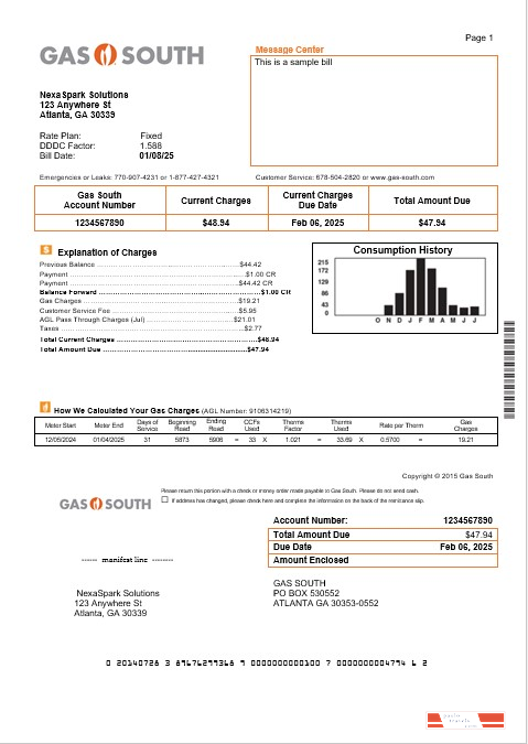 USA New York Gas South business utility bill template in Word and PDF formats
